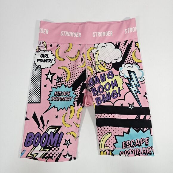 Stronger Pop Art Comic Print Biker Shorts Pink S, High Waist - Picture 1 of 6
